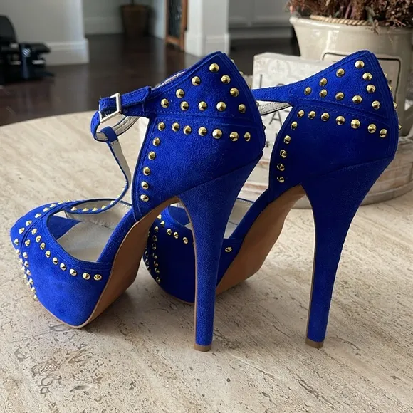 STEVEN Steve Madden ASTRRO Blue Gold Studded Leather Suede Stiletto heel Sz 8.5