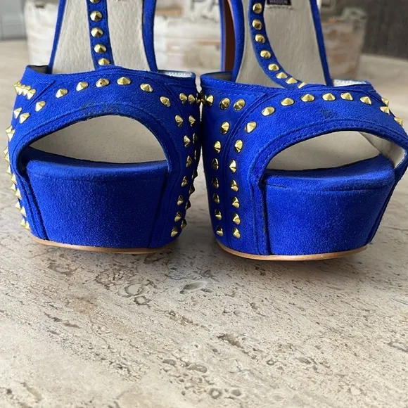 STEVEN Steve Madden ASTRRO Blue Gold Studded Leather Suede Stiletto heel Sz 8.5