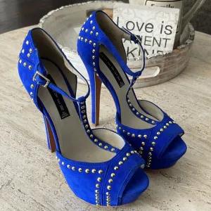 STEVEN Steve Madden ASTRRO Blue Gold Studded Leather Suede Stiletto heel Sz 8.5