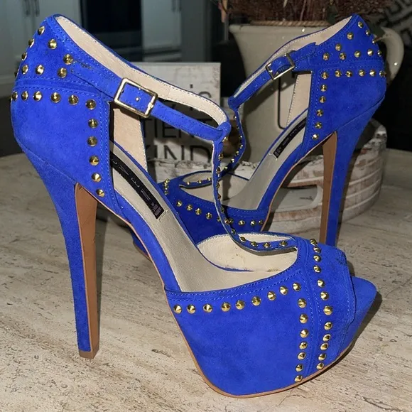 STEVEN Steve Madden ASTRRO Blue Gold Studded Leather Suede Stiletto heel Sz 8.5