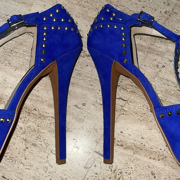 STEVEN Steve Madden ASTRRO Blue Gold Studded Leather Suede Stiletto heel Sz 8.5
