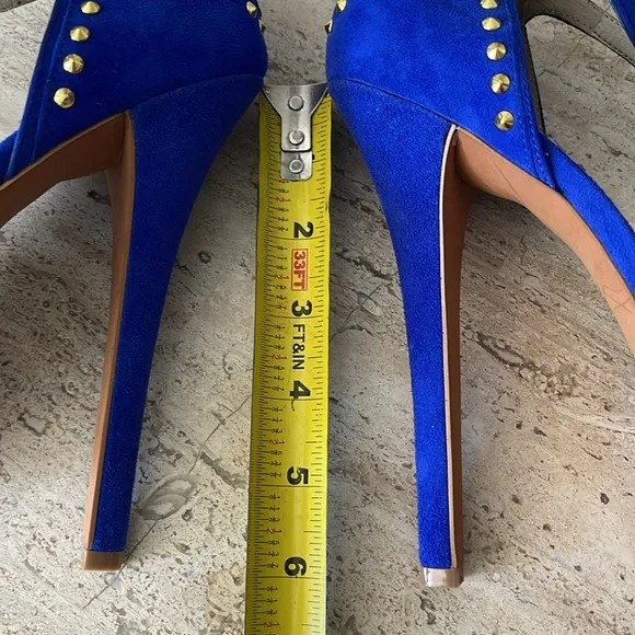 STEVEN Steve Madden ASTRRO Blue Gold Studded Leather Suede Stiletto heel Sz 8.5