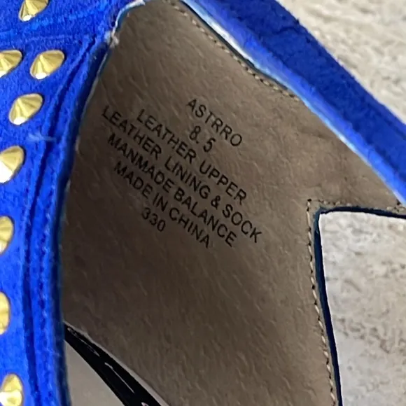 STEVEN Steve Madden ASTRRO Blue Gold Studded Leather Suede Stiletto heel Sz 8.5