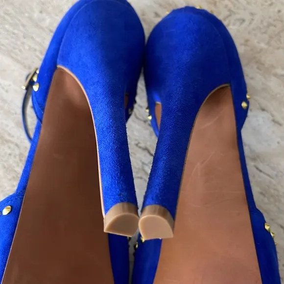 STEVEN Steve Madden ASTRRO Blue Gold Studded Leather Suede Stiletto heel Sz 8.5