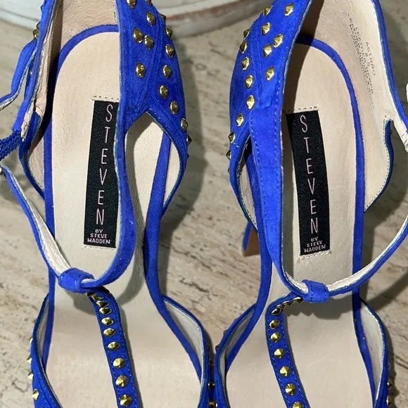 STEVEN Steve Madden ASTRRO Blue Gold Studded Leather Suede Stiletto heel Sz 8.5