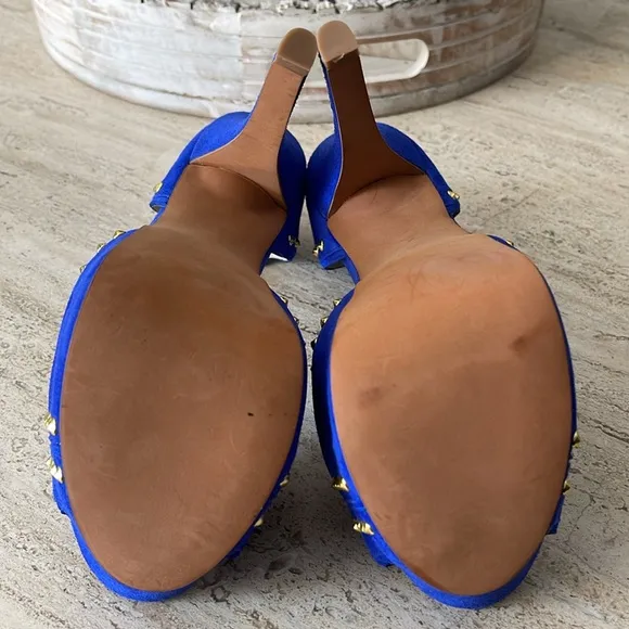 STEVEN Steve Madden ASTRRO Blue Gold Studded Leather Suede Stiletto heel Sz 8.5