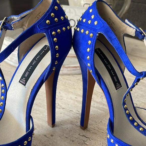 STEVEN Steve Madden ASTRRO Blue Gold Studded Leather Suede Stiletto heel Sz 8.5