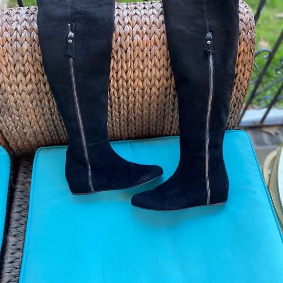 STUART WEITZMAN BLACK SUEDE OVER -THE -KNEE BOOTS HIDDEN WEDGE HEEL SIZE…