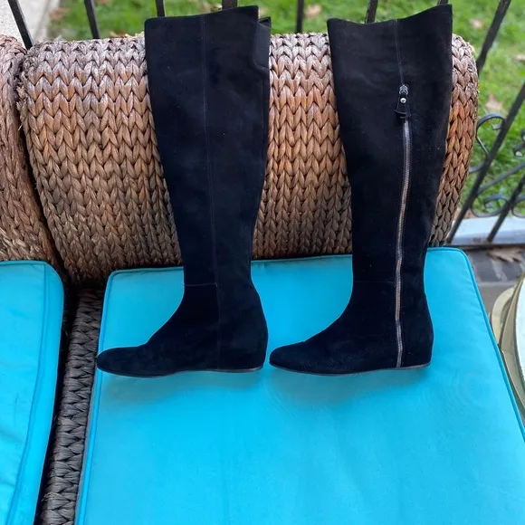 STUART WEITZMAN BLACK SUEDE OVER -THE -KNEE BOOTS HIDDEN WEDGE HEEL SIZE…