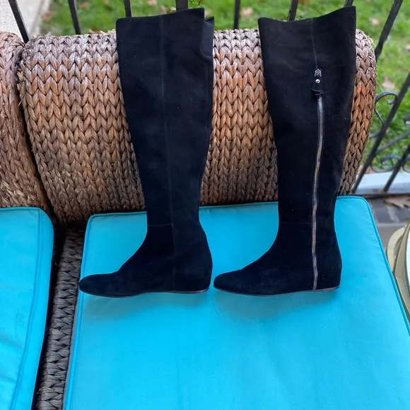 STUART WEITZMAN BLACK SUEDE OVER -THE -KNEE BOOTS HIDDEN WEDGE HEEL SIZE…