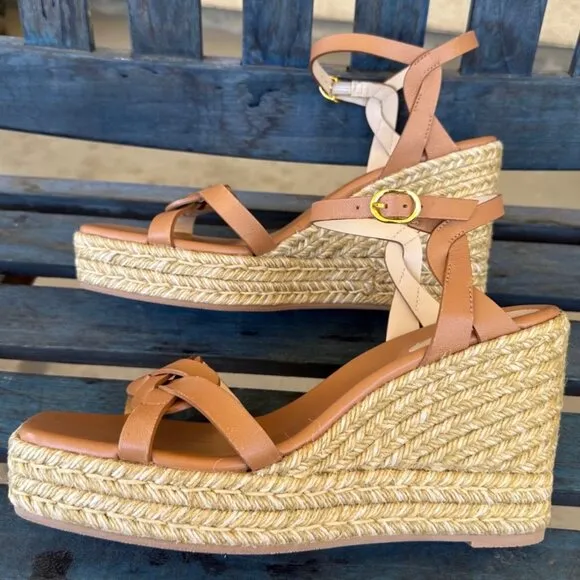 Stuart Weitzman Braida Womens 11B Tan Leather Espadrille Wedge Platform Sandals