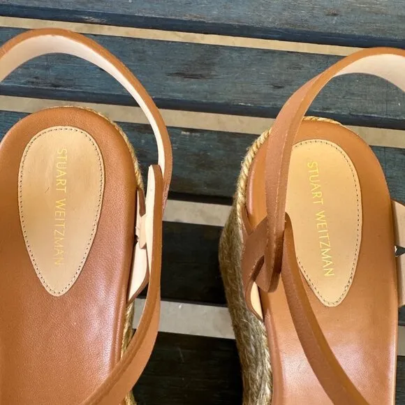 Stuart Weitzman Braida Womens 11B Tan Leather Espadrille Wedge Platform Sandals
