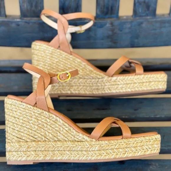 Stuart Weitzman Braida Womens 11B Tan Leather Espadrille Wedge Platform Sandals