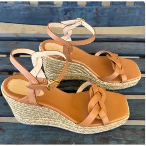 Stuart Weitzman Braida Womens 11B Tan Leather Espadrille Wedge Platform Sandals