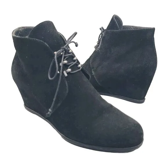 Stuart Weitzman Kalahari Women Ankle Boots Black Suede Wedge Lace Up Sz 10