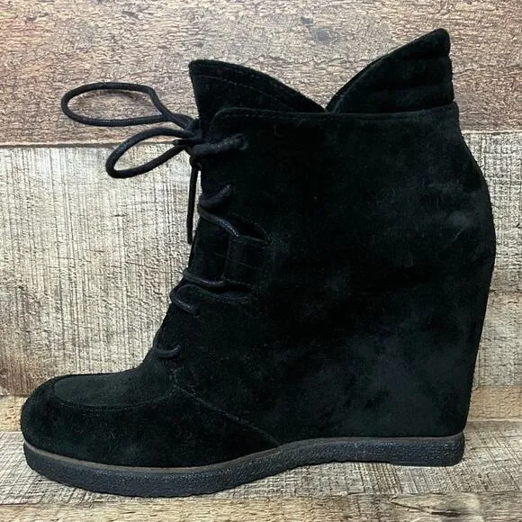 𝅺Stuart Weitzman Kidstuff Suede Lace-Up Wedge Bootie Ankle Boots Black Size 6