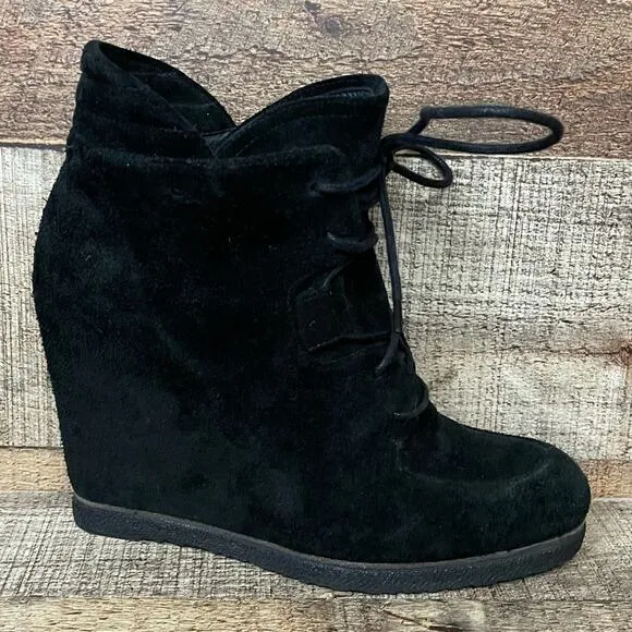 𝅺Stuart Weitzman Kidstuff Suede Lace-Up Wedge Bootie Ankle Boots Black Size 6