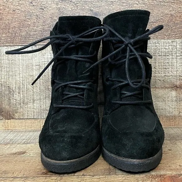 𝅺Stuart Weitzman Kidstuff Suede Lace-Up Wedge Bootie Ankle Boots Black Size 6