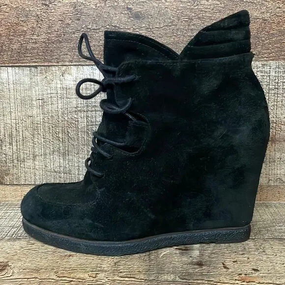 𝅺Stuart Weitzman Kidstuff Suede Lace-Up Wedge Bootie Ankle Boots Black Size 6