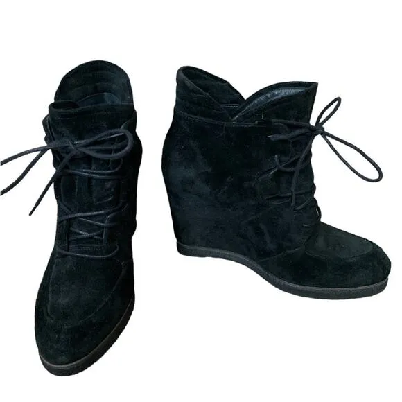 𝅺Stuart Weitzman Kidstuff Suede Lace-Up Wedge Bootie Ankle Boots Black Size 6