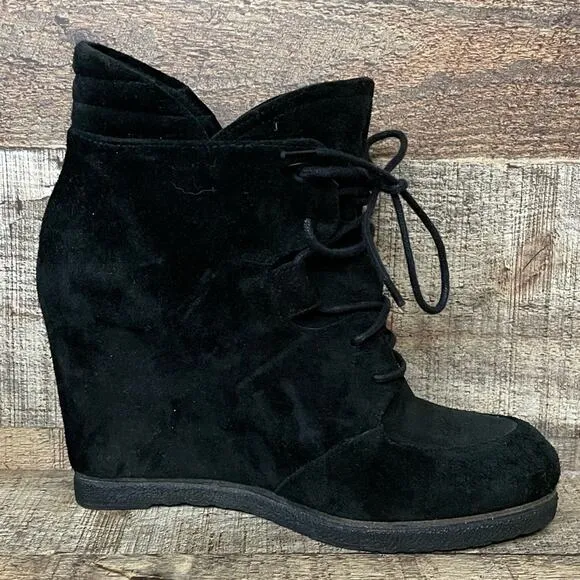 𝅺Stuart Weitzman Kidstuff Suede Lace-Up Wedge Bootie Ankle Boots Black Size 6