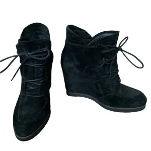 𝅺Stuart Weitzman Kidstuff Suede Lace-Up Wedge Bootie Ankle Boots Black Size 6