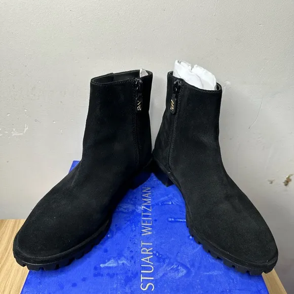 Stuart Weitzman Maelie Black Suede Lug Sole Ankle Boots