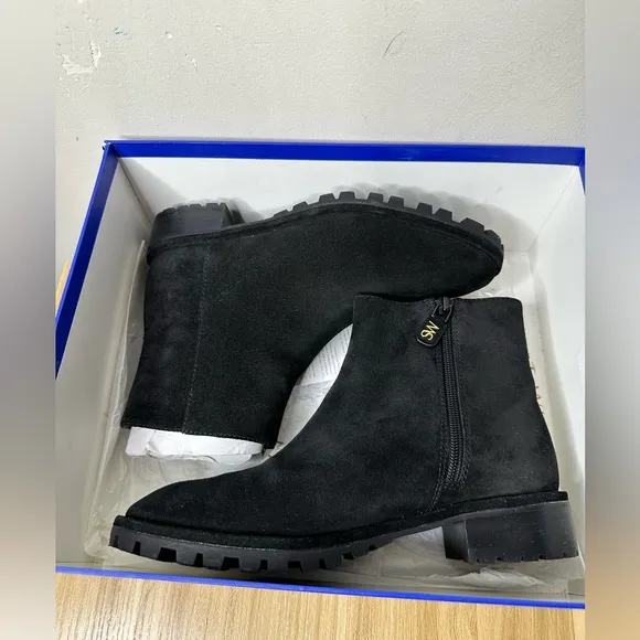 Stuart Weitzman Maelie Black Suede Lug Sole Ankle Boots