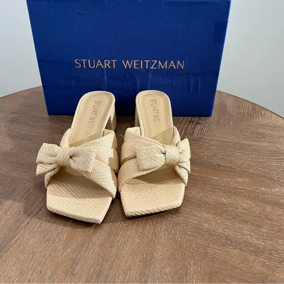 Stuart Weitzman NWB Loveknot 50 Block Slide Sandals Size 7.5 US in Wheat Raffia