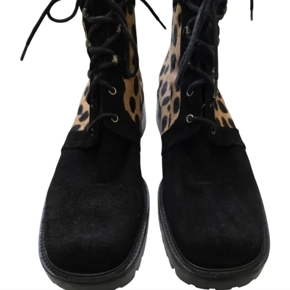 Stuart Weitzman Pony Hair Leopard Suede Disco Retro Chunky Ankle Boots 9 Lace-up