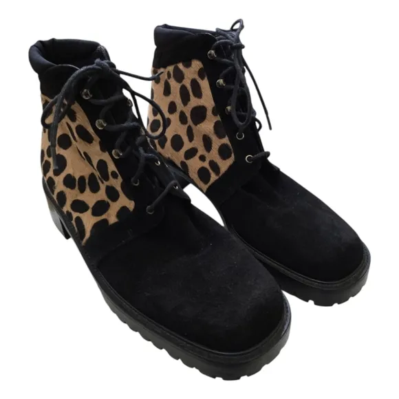 Stuart Weitzman Pony Hair Leopard Suede Disco Retro Chunky Ankle Boots 9 Lace-up