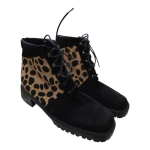 Stuart Weitzman Pony Hair Leopard Suede Disco Retro Chunky Ankle Boots 9 Lace-up