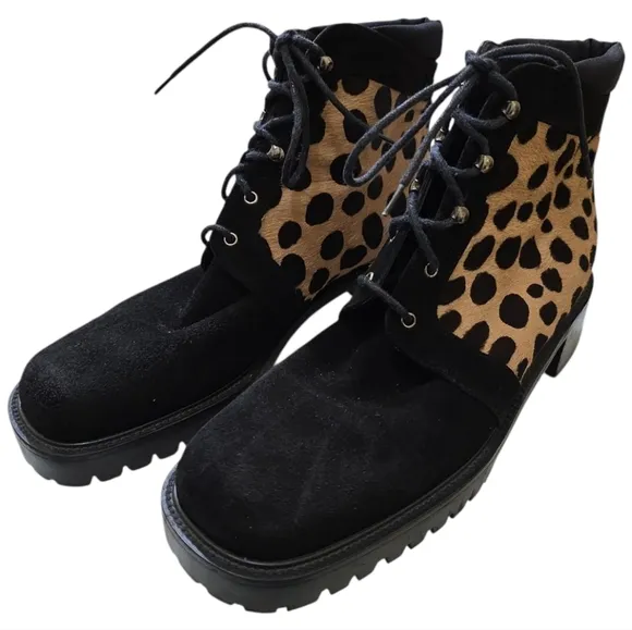 Stuart Weitzman Pony Hair Leopard Suede Disco Retro Chunky Ankle Boots 9 Lace-up