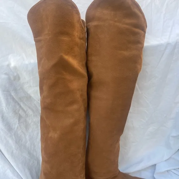 Stuart Weitzman Suede Pull-On Over the Knee Block Hell Boots British Tan SZ 10