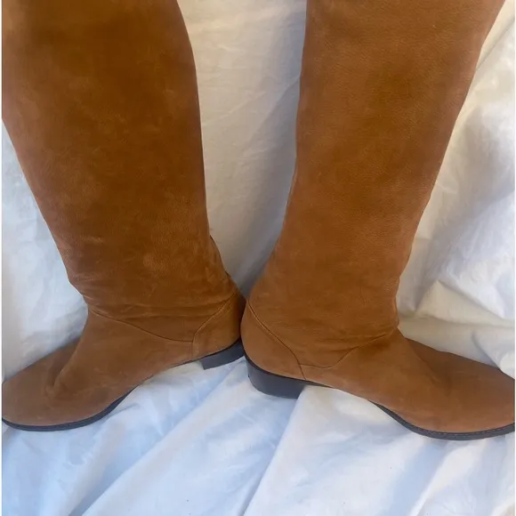 Stuart Weitzman Suede Pull-On Over the Knee Block Hell Boots British Tan SZ 10