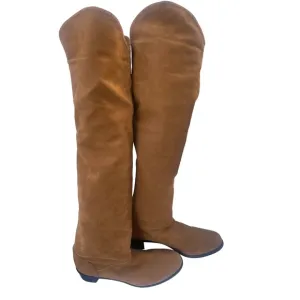 Stuart Weitzman Suede Pull-On Over the Knee Block Hell Boots British Tan SZ 10