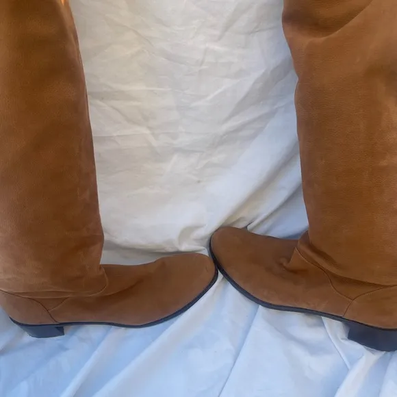 Stuart Weitzman Suede Pull-On Over the Knee Block Hell Boots British Tan SZ 10
