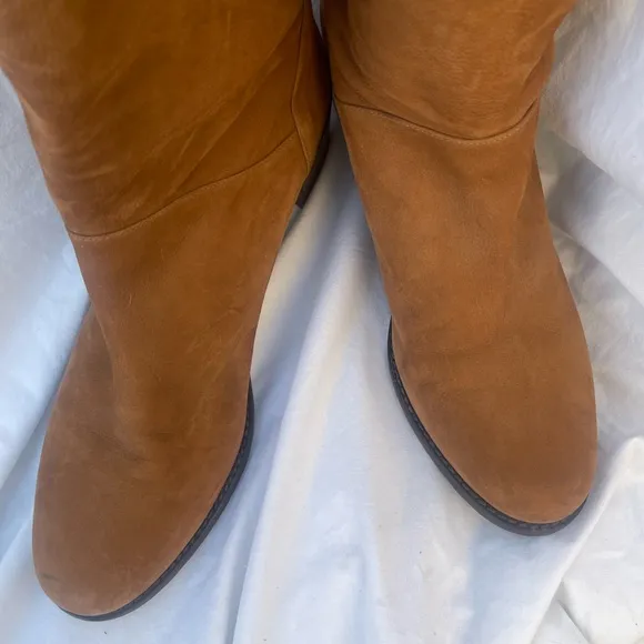 Stuart Weitzman Suede Pull-On Over the Knee Block Hell Boots British Tan SZ 10