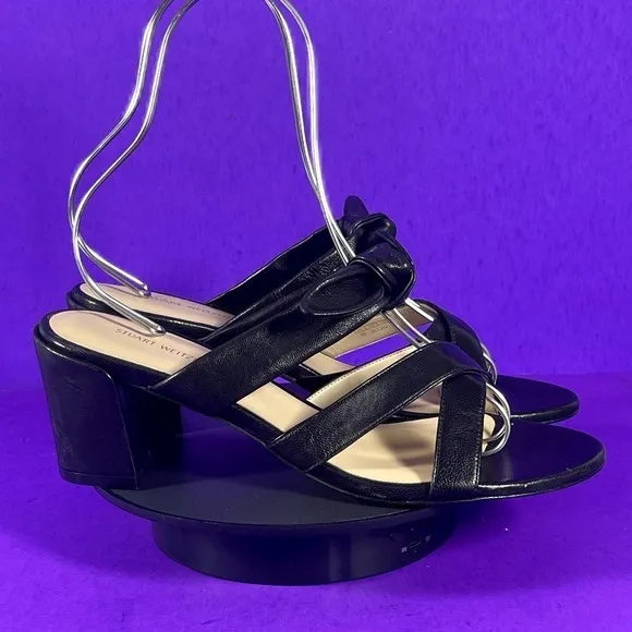 Stuart Weitzman Women's Black Leather Bow Slip On Sandal Shoe Size 8-NEW