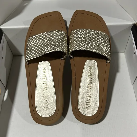 🔥🔥🔥Stuart Weitzman Wova Woven Metallic Flat Slide Sandals