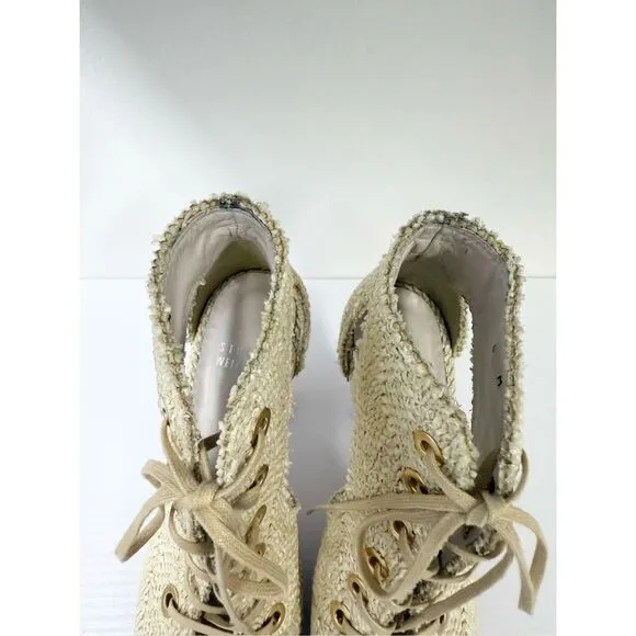 Stuart Weitzman Woven Gladiator Lace Up Sandals Heels Textured Cutout Ivory 6