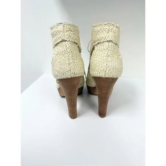 Stuart Weitzman Woven Gladiator Lace Up Sandals Heels Textured Cutout Ivory 6