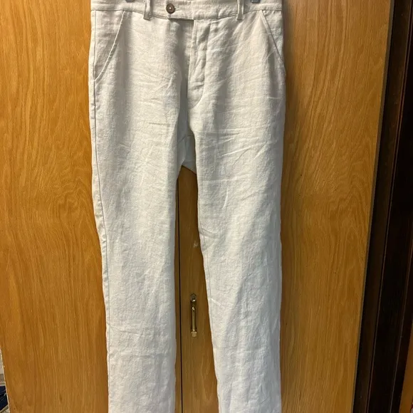 Stylish Natur Linen Ivory Beige Khaki Button Fly Linen Pants 32 Fits 30