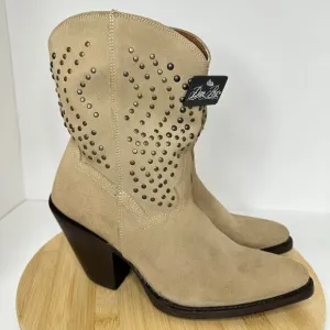 Sundance Catalog Dan Post Studded Cowboy Boots Tan Suede Size 9.5 NEW
