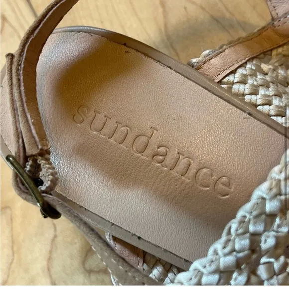 Sundance Leather and Woven Satin Cream colored stacked heel sandals size 39