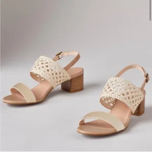 Sundance Leather and Woven Satin Cream colored stacked heel sandals size 39