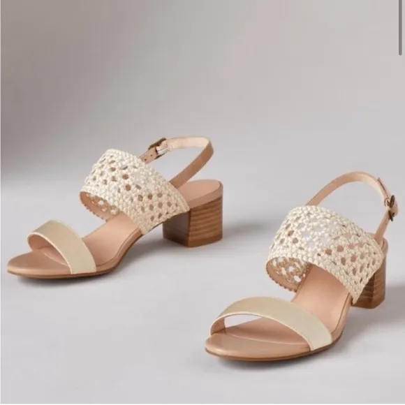 Sundance Leather and Woven Satin Cream colored stacked heel sandals size 39
