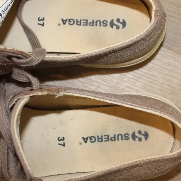 Superga Womens Sneakers Tan Gray Lace Up Leather Shoes 37 7