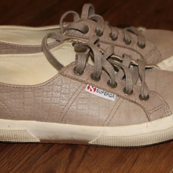 Superga Womens Sneakers Tan Gray Lace Up Leather Shoes 37 7