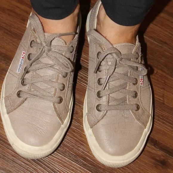Superga Womens Sneakers Tan Gray Lace Up Leather Shoes 37 7